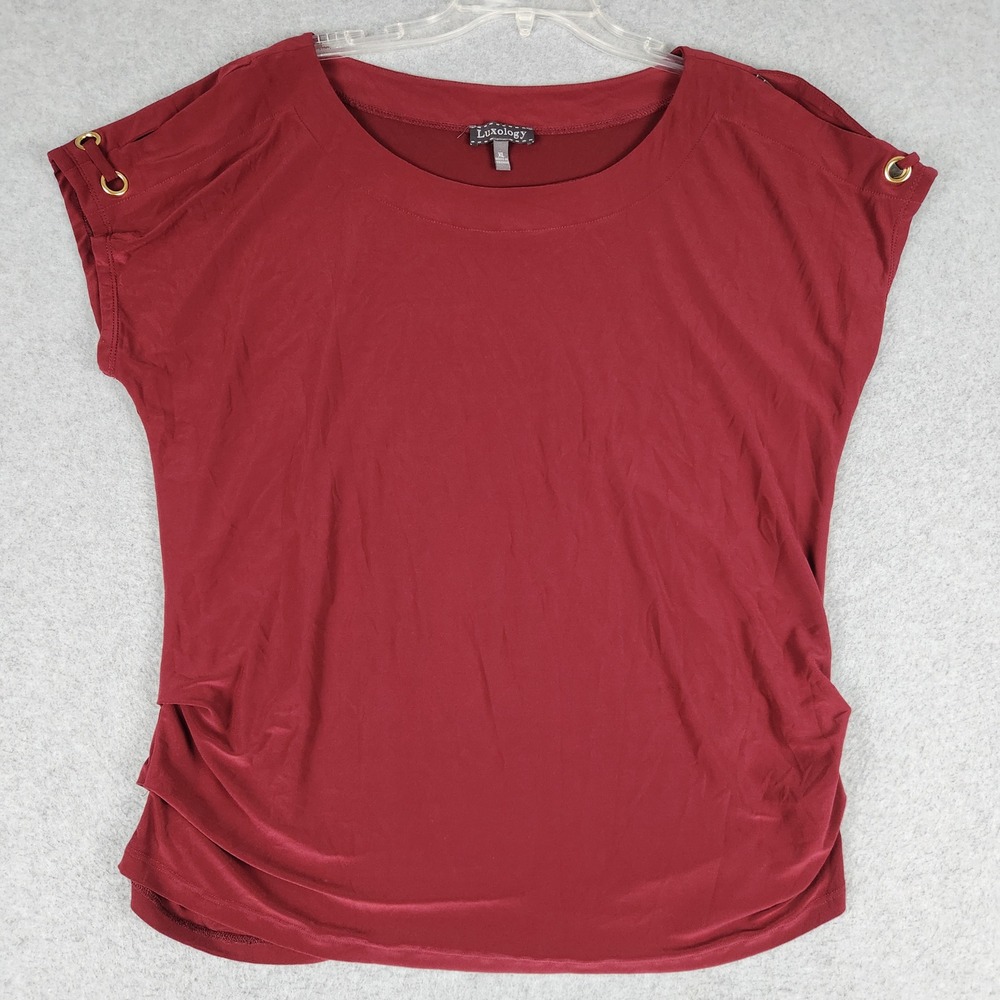 Luxology Blouse Top Womens XL Burgundy Short Sleeve Grommet Shoulder Ruched